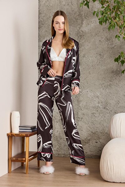 Pierre Cardin Saten Emprime Crop'lu 3'lü Kadın Pijama Takımı - 1230 Siyah