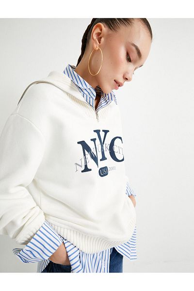 Koton Half Zipper Oversize Sweatshirt College Themed Stand Collar