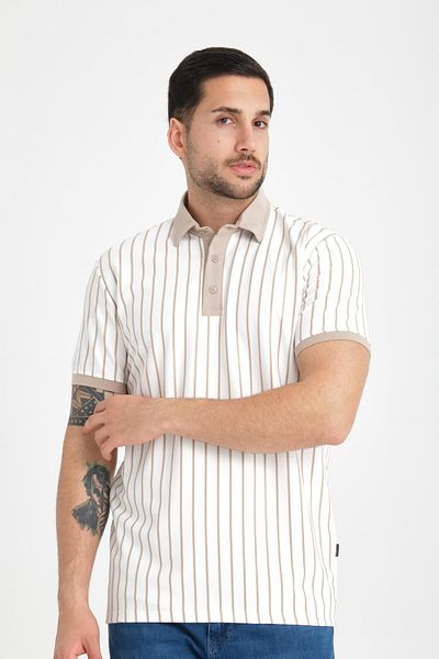 Valiberta Beige Premium Striped Polo Collar T-Shirt