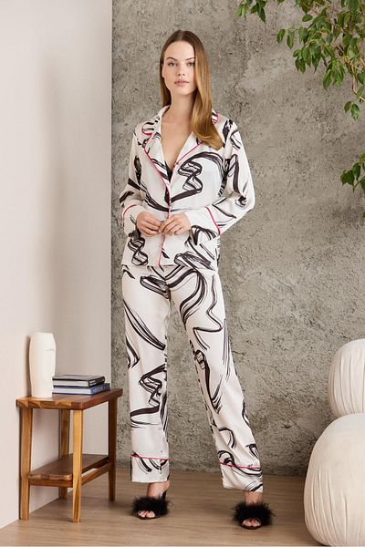 Pierre Cardin Σετ γυναικείες πιτζάμες 3 τεμαχίων με σατέν εμπριμέ Crop - 1230 Ecru