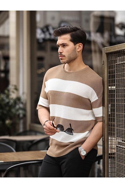 Valiberta Beige Colored Basic Knitwear Oversize T-Shirt