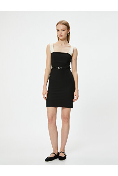 Koton Square Neck Mini Dress with Belt and Thick Straps