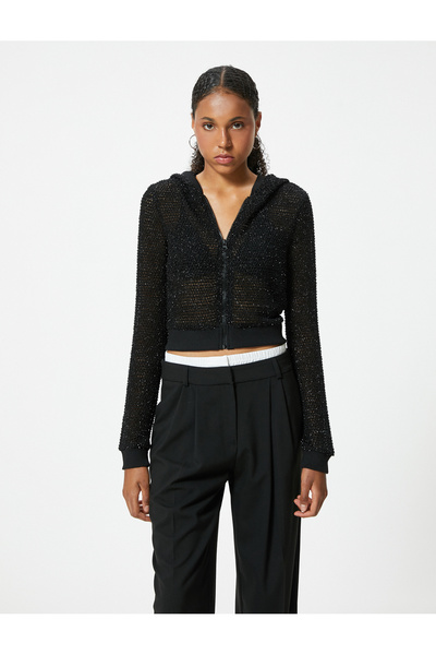 Koton Tricou Crop Slim Fit Glitter - Glugă cu fermoar, mânecă lungă