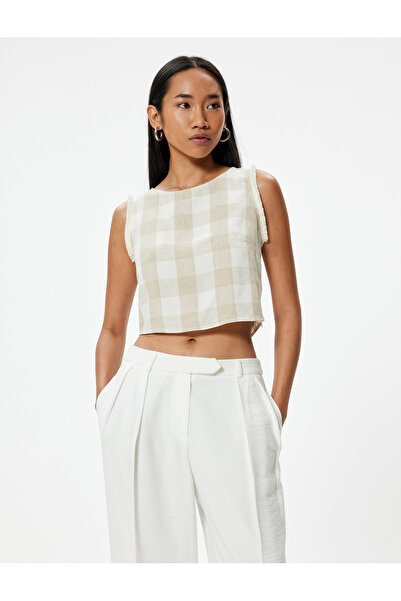 Koton Linen Mix - Crop Oversize Sleeveless Round Neck Checkered Top