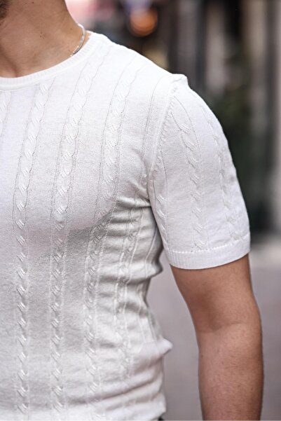 Valiberta Πλεκτό T-Shirt με λαιμόκοψη με πλεξούδα μαλλιών - Λευκό