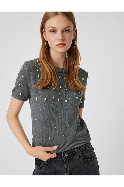 Koton Pearl Detailed Bow Short Sleeve Crew NecK Sweater