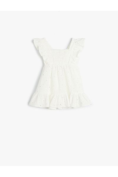 Koton Cotton Square Collar Dress - Embroidered Ruffle Detail