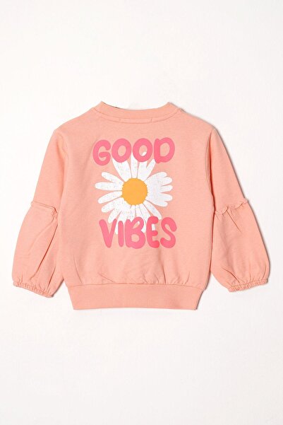 zepkids Crew Neck Long Sleeve Cıcek Patterned Salmon Color Girl's Tracksuit Set