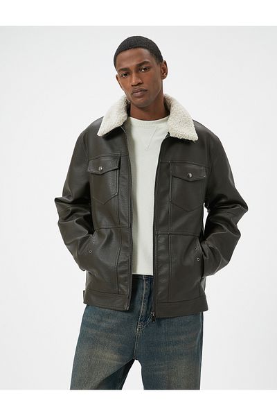 Koton Límec bundy z umělé kůže Kapsa z ovčí kůže na zip s podšívkou slim Fit
