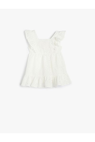 Koton Cotton Square Collar Dress - Embroidered Ruffle Detail