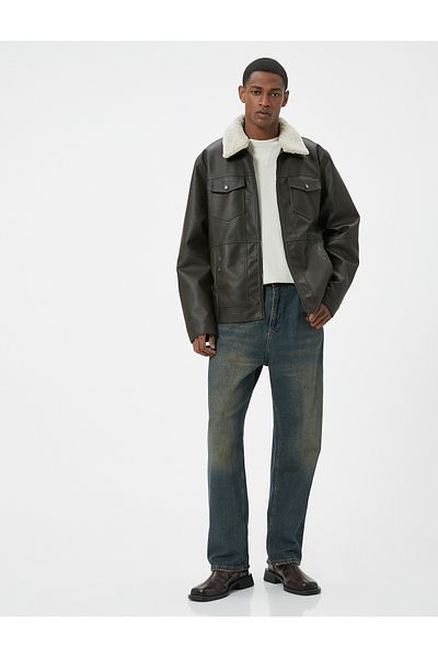 Koton Límec bundy z umělé kůže Kapsa z ovčí kůže na zip s podšívkou slim Fit