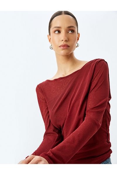Koton Boat Neck Asymmetrical Floor Detailed Long Sleeve T-Shirt