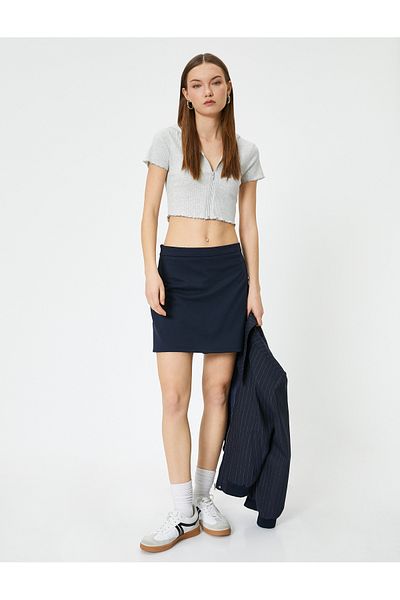 Koton Zippered Crop T-Shirt Long Sleeve Slim Fit