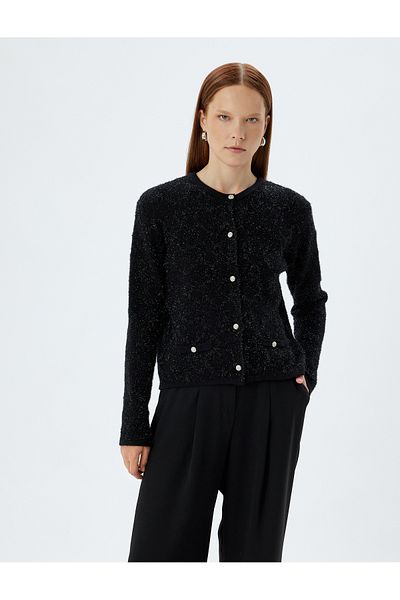 Koton Long Sleeve Round Neck Buttoned Pocket Plush Cardigan