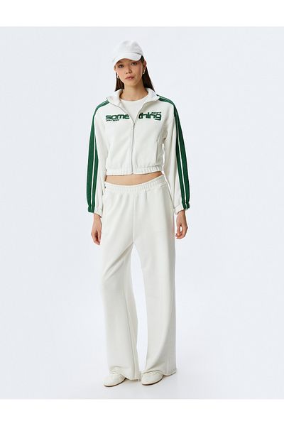 Koton Crop Stand Collar Ribbed Pocket Detailed College Printed Zippered Sweatshirt