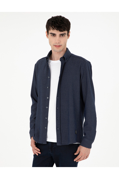Pierre Cardin Lacivert Çizgili Regular Fit Uzun Kollu Gömlek 50293947-VR033
