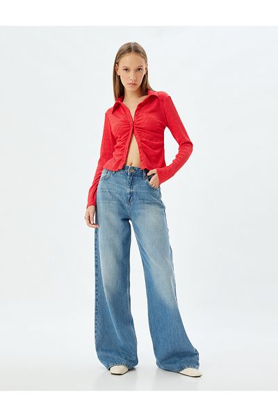 Koton Tricou cu mânecă lungă, guler de cămașă, cu nasturi, slim fit, texturat