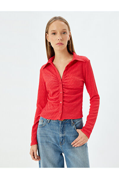 Koton Textured Slim Fit Long Sleeve T-Shirt - Shirt Collar and Button Detail