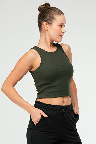 speedlife Khaki Slim Fit Cotton Open Collar Crop Top Camisole Women's T-Shirt Sf0751
