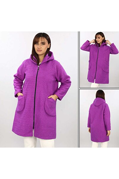 NUR TEKSTİL kadın mor önden fermuarlı kapşonlu  cepli   italyan buklet  boy u...