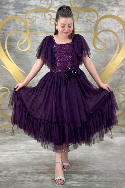 ABİYEKİDS 10-14 Years Girl's Tulle Evening Dress - Plum Sequined, Waiterboy ABY154