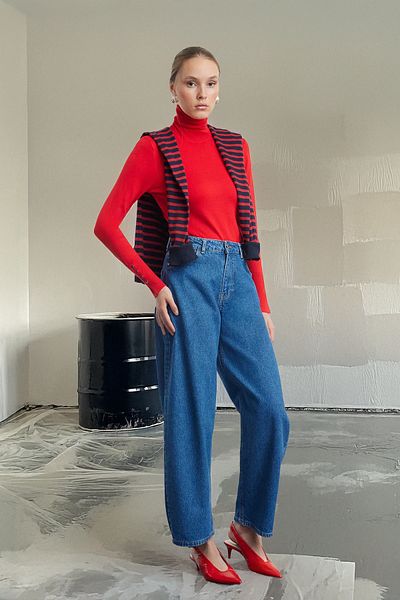 Trendyol Collection Blugi cu barrel cu talie înaltă - Blue Baggy Fit TWOAW25JE00084