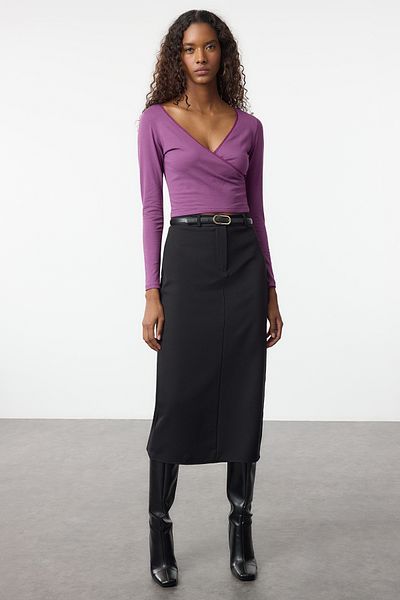 Trendyol Collection Μωβ δαντέλα με λεπτομέρεια με διπλό στήθος λαιμόκοψη - μακρυμάνικο, βαμβακερό, ελαστικό TWOAW24BZ00291