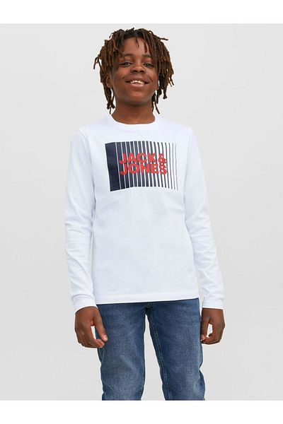 Jack & Jones Boy's T-Shirt - White, Printed, Jjecorp Logo, Play Ls, O-Neck, Noo