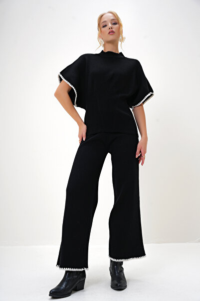 Trend Alaçatı Stili Schwarzes Set aus kurzärmliger Bluse mit Rollkragen und Palazzo-Hose – ALC-X13028