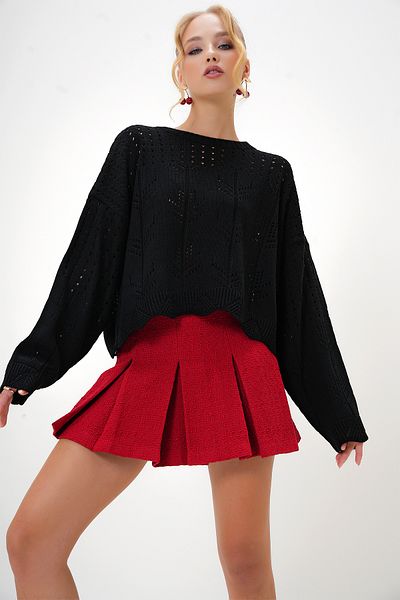 Trend Alaçatı Stili Women's Black Crew Neck Verek Patterned Crop Knitwear Sweater Alc-X13133