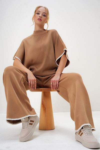 Trend Alaçatı Stili Half Turtleneck Short Sleeve Blouse and Palazzo Pants Set - Alc-X13028