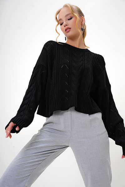 Trend Alaçatı Stili Women's Black Crew Neck Houndstooth Patterned Knitwear Crop Sweater Alc-X13136