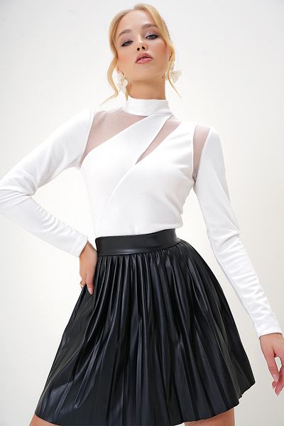 Trend Alaçatı Stili Damen Weiß Stehkragen Cut Out Mesh Detaillierte Gestrickte Crep Bluse ALC-X13104