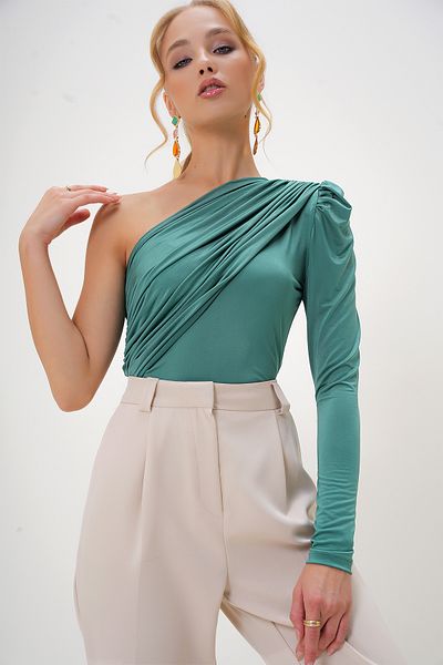 Trend Alaçatı Stili Green One Shoulder Draped Blouse - Sandy Snap, Princess Sleeve Alc-X13102