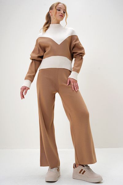 Trend Alaçatı Stili Set pulover și pantaloni Palazzo pentru femei pe jumătate cu gât țesut - Colorblock ALC-X13011