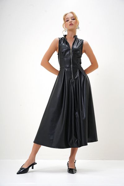 Trend Alaçatı Stili Schwarzes Damenkleid mit Stehkragen, ärmellos, Reißverschluss vorne, Kunstleder, ALC-X13129