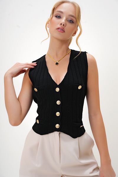 Trend Alaçatı Stili Women's Black V-Neck Gold Button and Pocket Detailed Knitwear Vest Alc-X13113