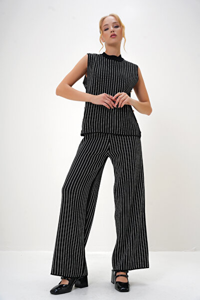 Trend Alaçatı Stili Schwarzes Damen-Blusen- und Palazzo-Hosen-Set – halber Rollkragenpullover, seitlich geknöpftes Detail ALC-X13010