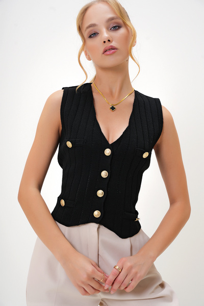 Trend Alaçatı Stili Women's Black V-Neck Gold Button and Pocket Detailed Knitwear Vest Alc-X13113