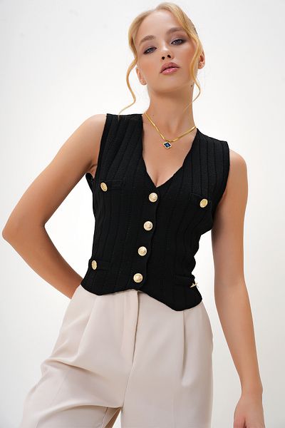 Trend Alaçatı Stili Women's Black V-Neck Gold Button and Pocket Detailed Knitwear Vest Alc-X13113