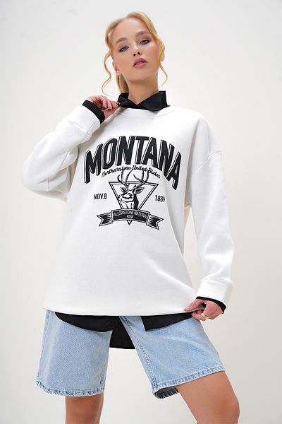 Trend Alaçatı Stili Ecrufarbenes College-Sweatshirt mit Rundhalsausschnitt und Textdruck für Damen mit drei Fäden und Fleece-Innenseite ALC-X7442