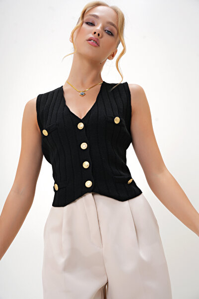 Trend Alaçatı Stili Women's Black V-Neck Gold Button and Pocket Detailed Knitwear Vest Alc-X13113