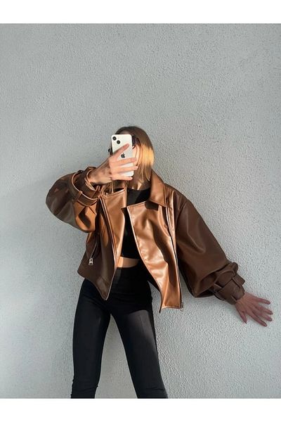 munora butik Hnědá bomber bunda s širokými rukávy z umělé kůže