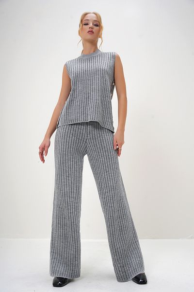 Trend Alaçatı Stili Gray Half Turtleneck Blouse and Palazzo Pants Set - Buttoned Side Detail Alc-X13010