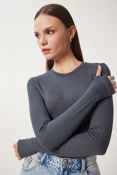 Happiness İstanbul Dámská antracitová pletená halenka Crew Neck Basic Cr00439