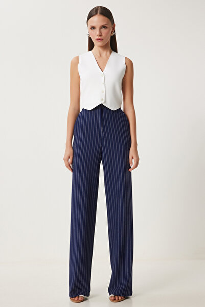 Happiness İstanbul Navy Blue Striped Comfortable Women's Trousers - To00158