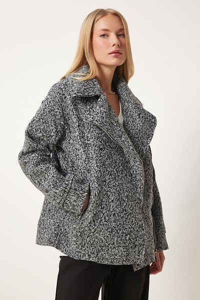 Happiness İstanbul Women's Gray Shawl Collar Boucle Jacket Fn03386