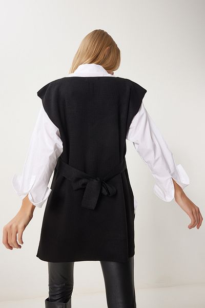Happiness İstanbul Pulover negru de damă, cu decolteu în V, lung, tricotat, cu curea US00185