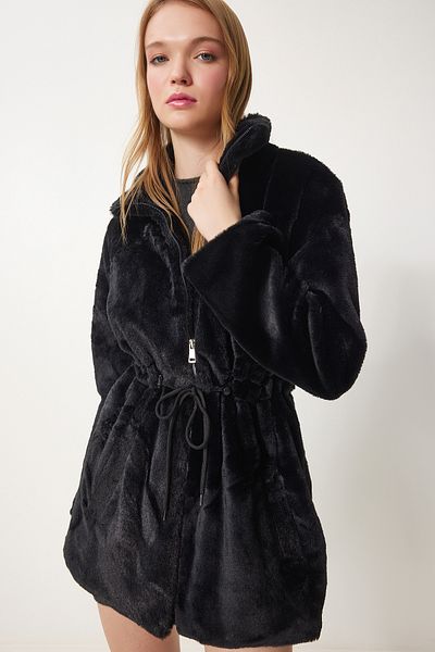 Happiness İstanbul Women's Black Zippered Oversize Furry Plush Coat RV00149
