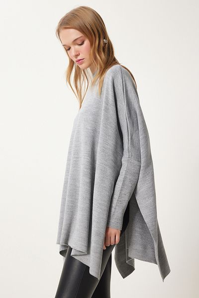 Happiness İstanbul Women's Gray Side Slit Oversize Poncho Sweater YY00005